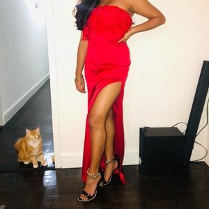 Red high slit gown